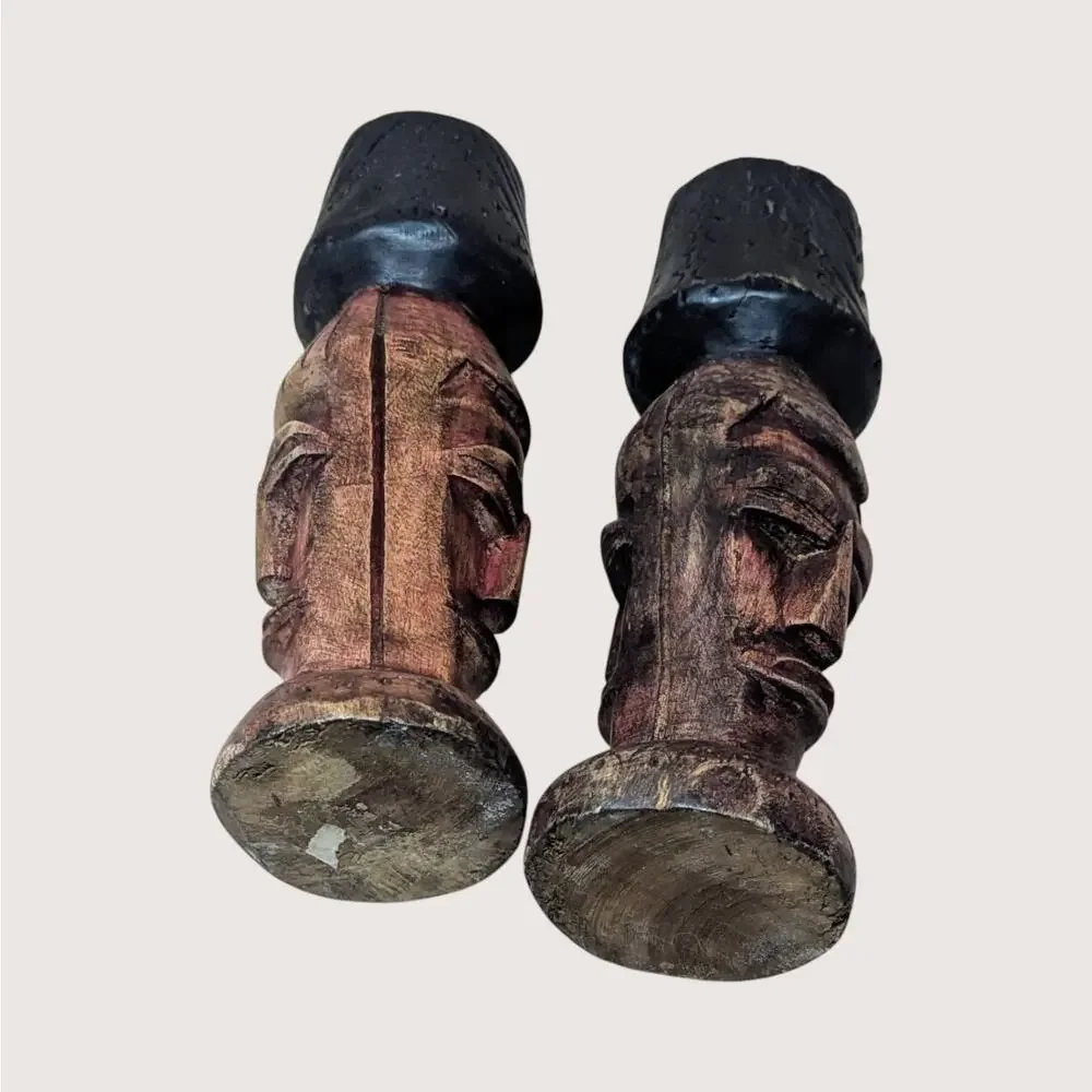Vintage Hand Carved Wooden Figural Candle Holder Pair